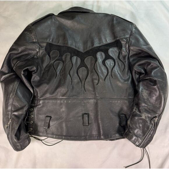 Vent Tech Black Vented Leather Motorcycle Jacket Green Flames Sz M - Picture 9 of 10